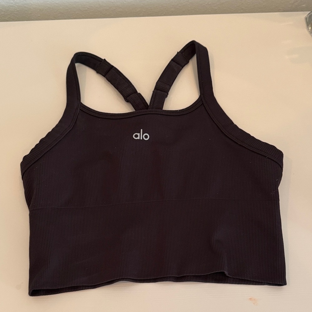 ALO Yoga Black Ribbed Cropped Sports Bra Top